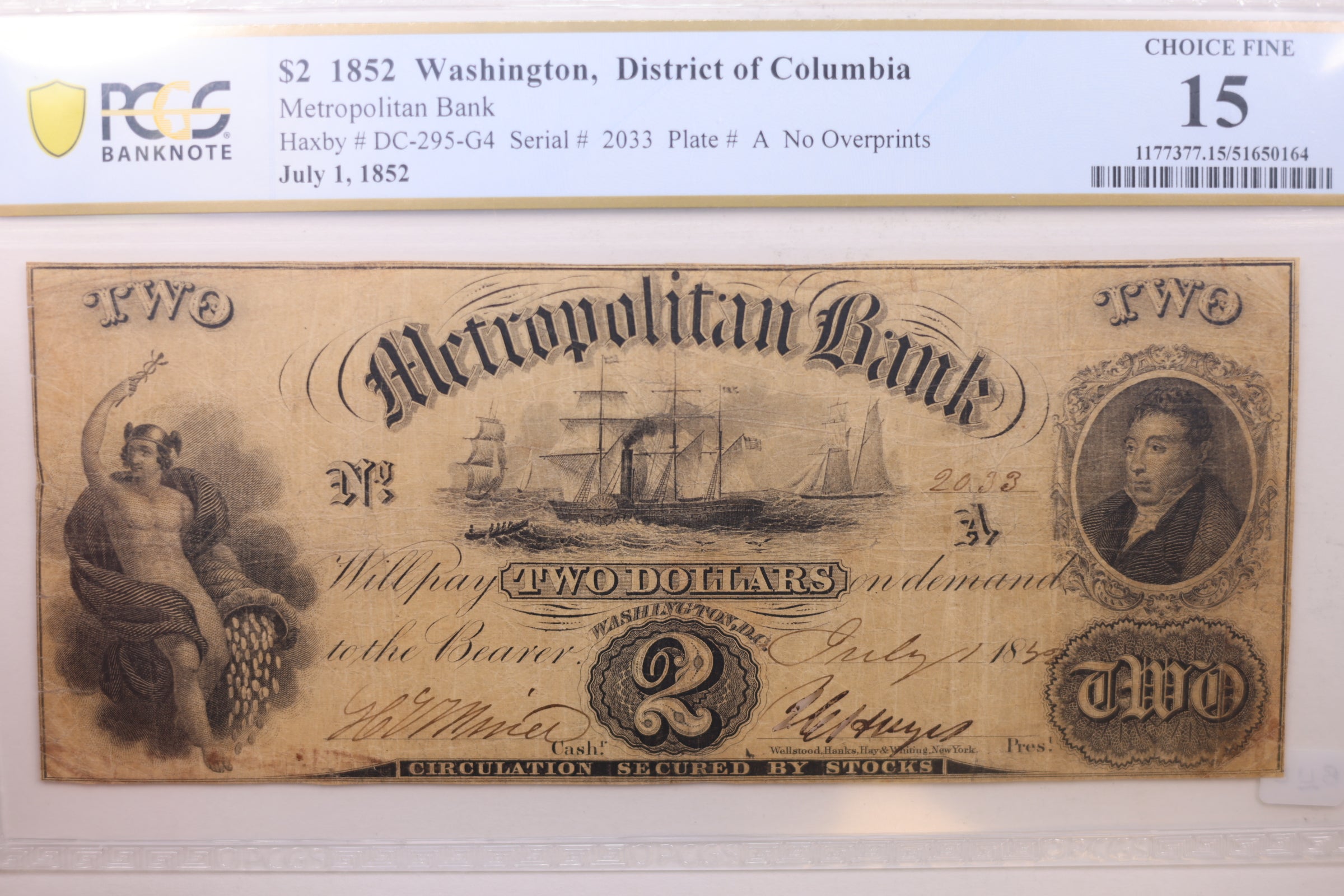 1852 $2, Metropolitan Bank, Wash D.C., Obsolete Note, PCGS F-15, STORE #GDC028.