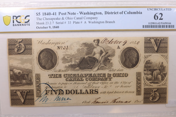 1840 $5, Chesapeake & Ohio Canal, Wash D.C., Obsolete Note, PCGS CU-62, STORE #GDC030.