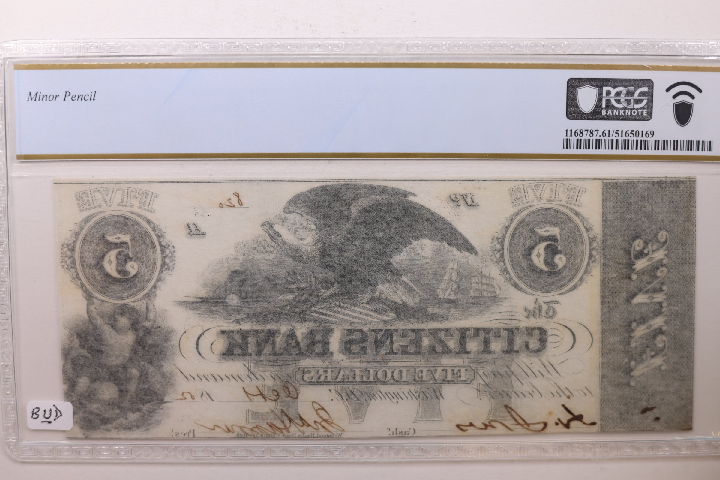 1852 $5, The City Bank, Washington D.C., Obsolete Note, PCGS CU-61, STORE #GDC033.