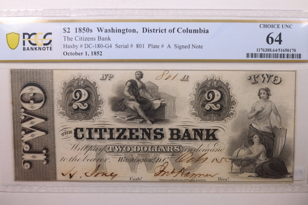 1852 $2, The City Bank, Washington D.C., Obsolete Note, PCGS CU-64, STORE #GDC034.