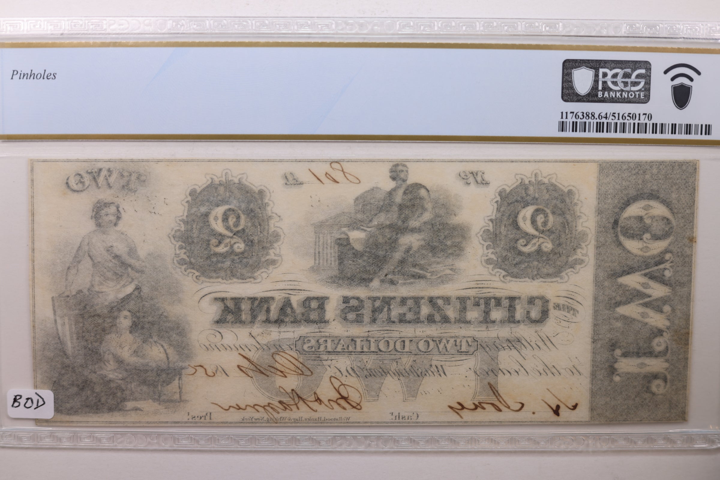 1852 $2, The City Bank, Washington D.C., Obsolete Note, PCGS CU-64, STORE #GDC034.