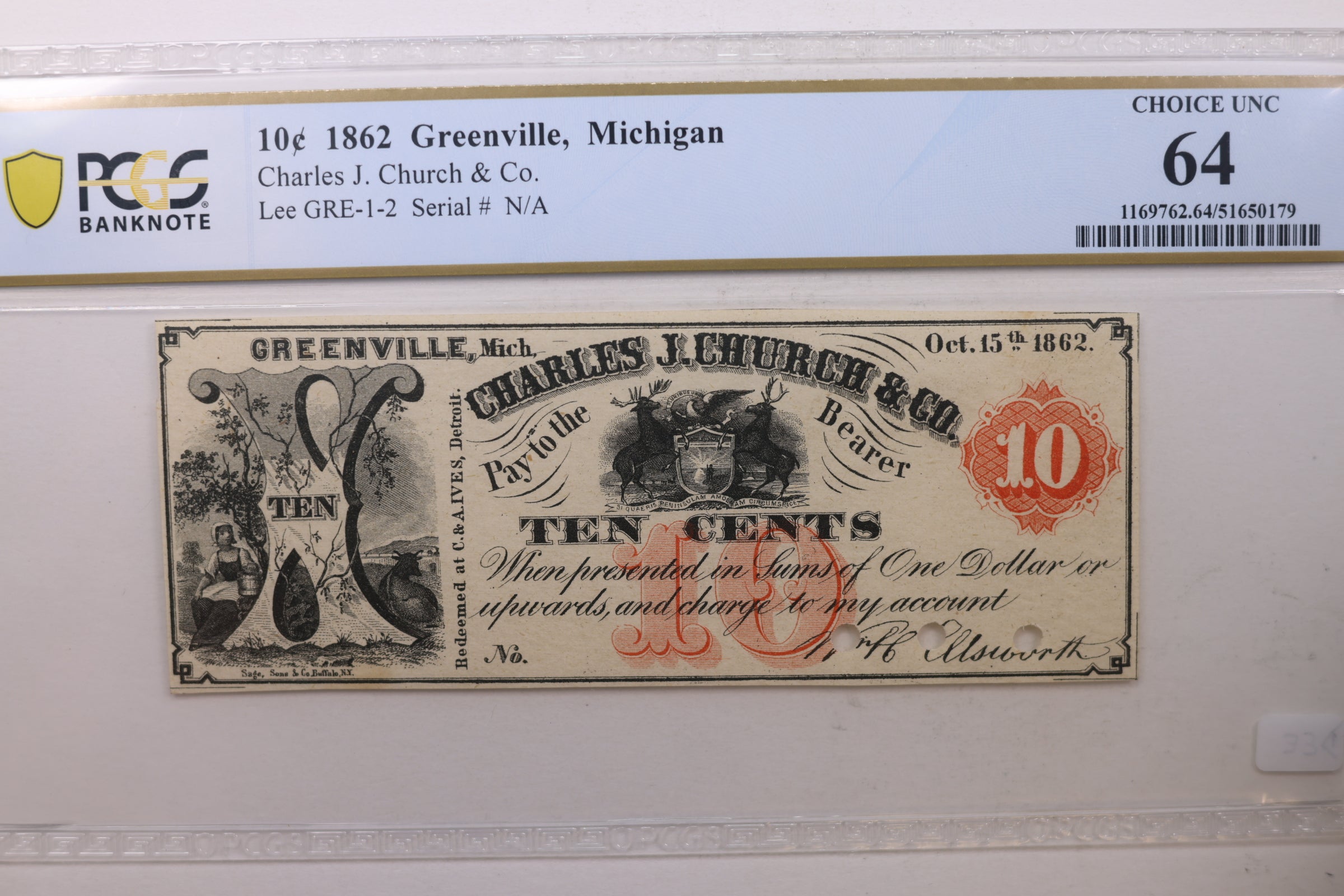 1862 10 Cents, Greenville, MI, Charles J. Church, PCGS CU-64, Store #GMI0106.