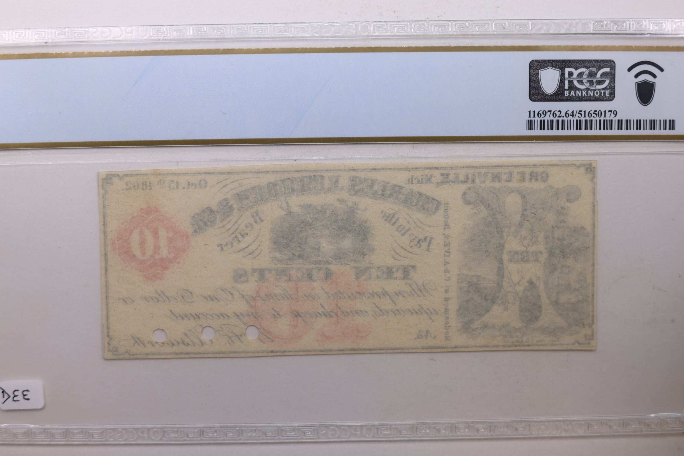 1862 10 Cents, Greenville, MI, Charles J. Church, PCGS CU-64, Store #GMI0106.