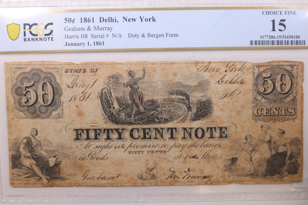 1861 50 Cent, Delhi, New York, Graham & Murray, Obsolete, PCGS F-15. #GNY016.