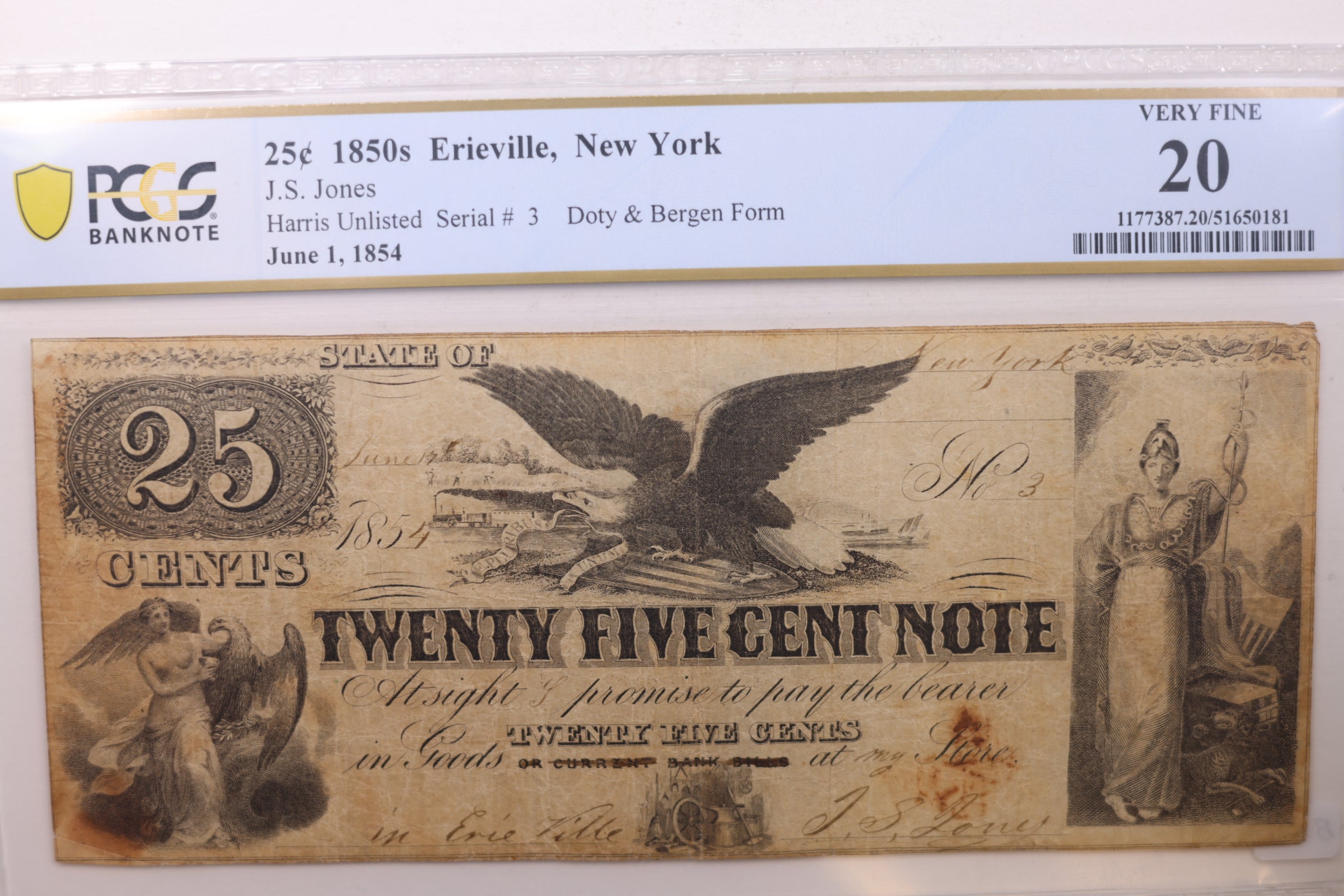 1854 25 Cents, ERIEVILLE, New York, Doty & Bergen. Obsolete Note. Store #GNY017.