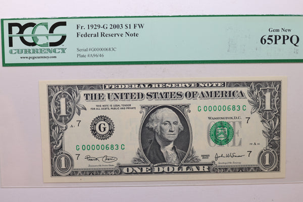 1929-G $1, Federal Reserve Note, Chicago, 3 Digit Serial Nr. PCGS CU-65, PPQ, Store#GFRB085.