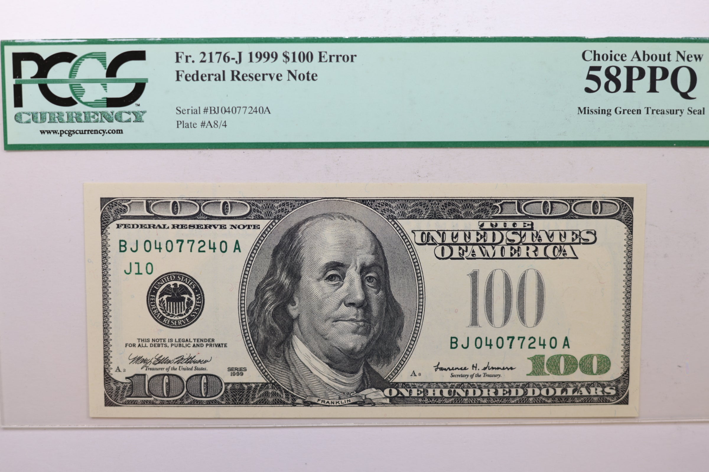 1999 $100, Federal Reserve Note, Error-Missing Green Seal, PCGS AU-58, PPQ, Store#GFRB089