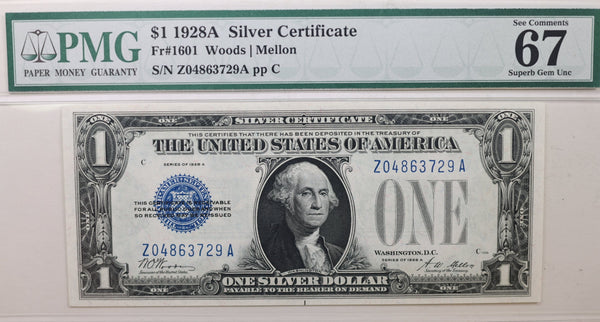 1928-A $1, Silver Certificate, FR-1601., PMG CU67, EPQ., Store #GSSC025