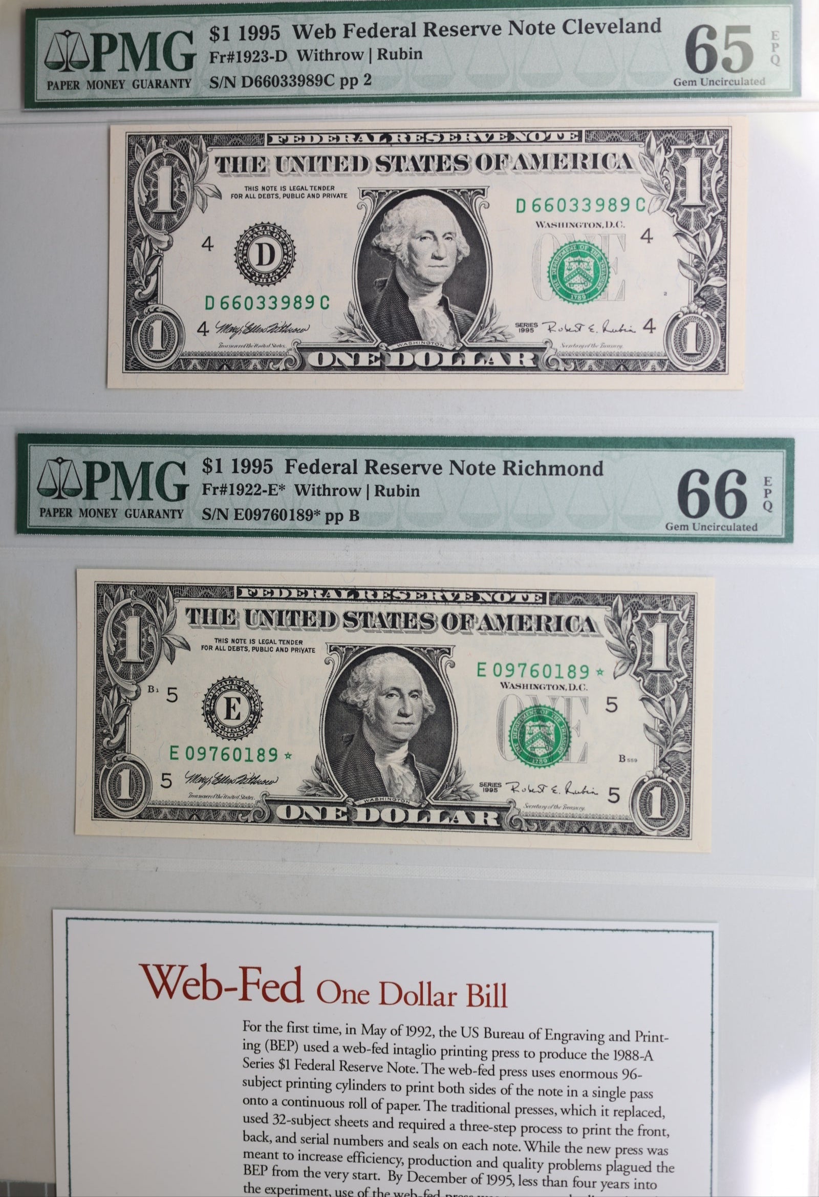 1995 $1, Web Federal Reserve, 2 Note Graded Deal! PMG CU-65/66, Store #GFRB096.