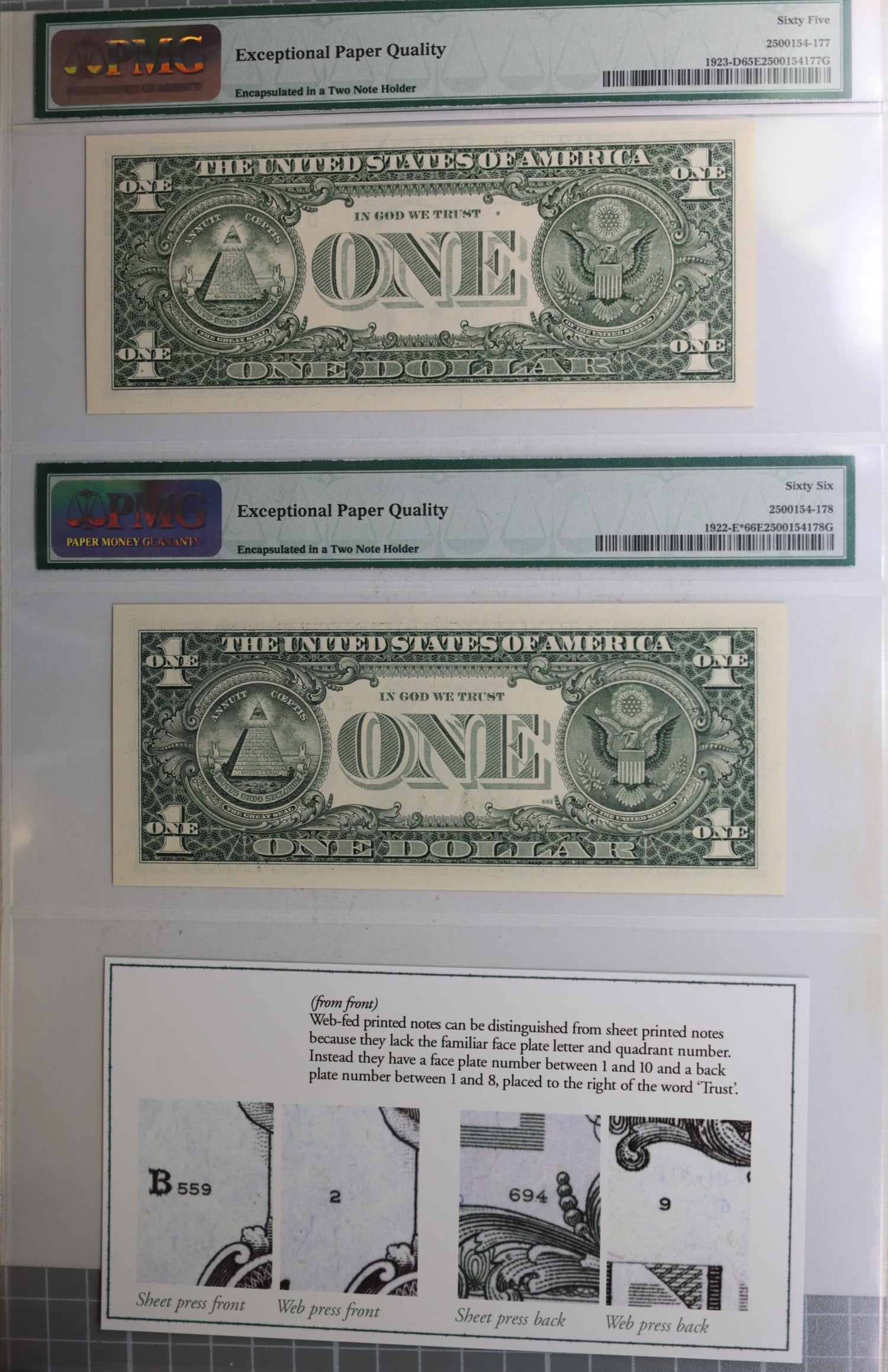 1995 $1, Web Federal Reserve, 2 Note Graded Deal! PMG CU-65/66, Store #GFRB096.