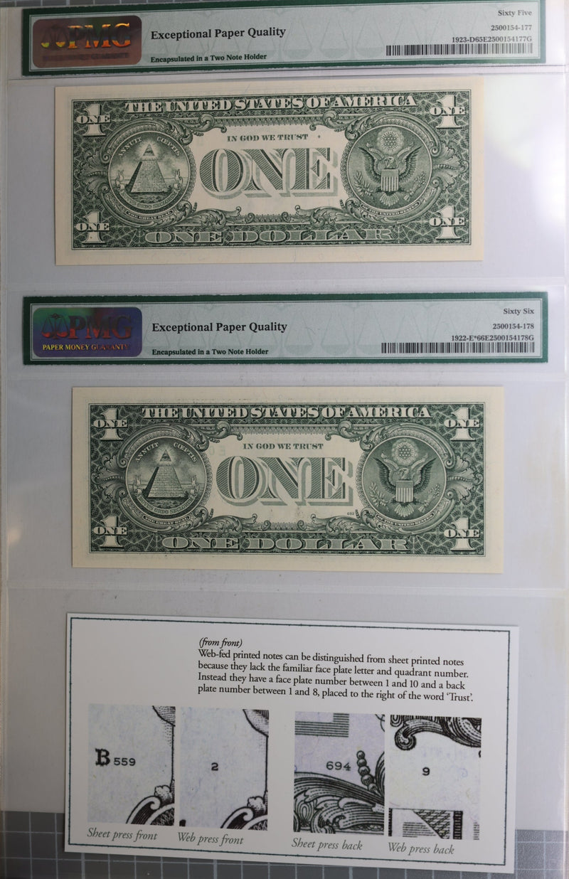 1995 $1, Web Federal Reserve, 2 Note Graded Deal! PMG CU-65/66, Store
