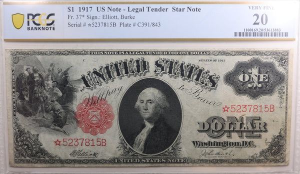 1917 $1, Legal Tender Note, Large Currency, FR#37 Star, PCGS VF-20, Store #GLT018.