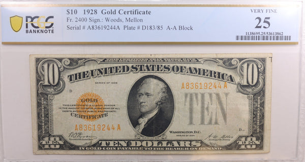 1928 $10, Gold Certificate, Fr# 2400, PCGS Graded VF-25, Store Sale #GCE005
