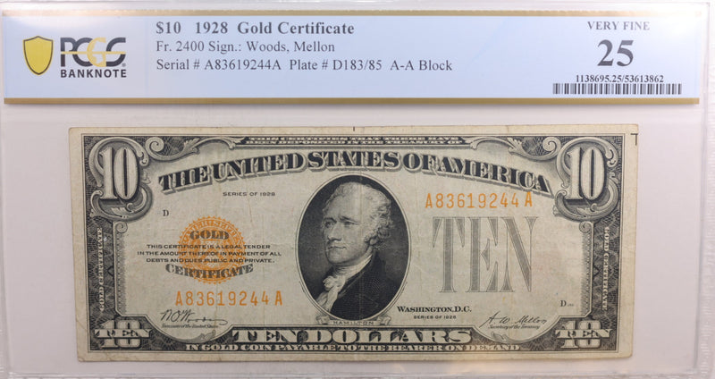 1928 $10, Gold Certificate, Fr# 2400, PCGS Graded VF-25, Store Sale #GCE005