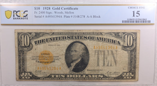 1928 $10, Gold Certificate, Fr# 2400, PCGS Graded Fine-15, Store Sale #GCE006