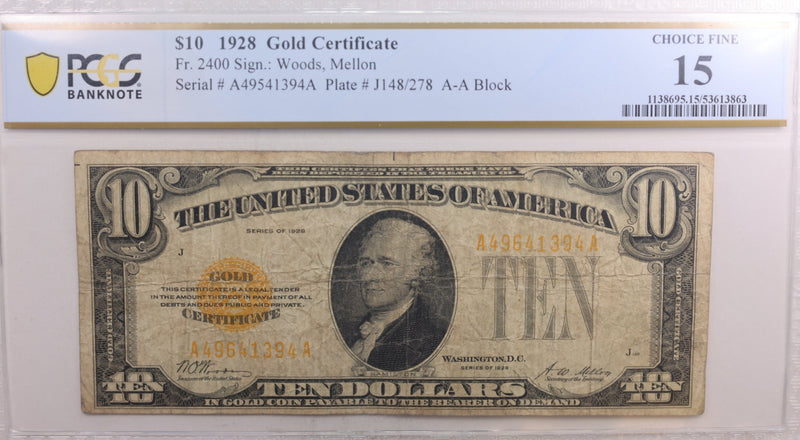 1928 $10, Gold Certificate, Fr# 2400, PCGS Graded Fine-15, Store Sale #GCE006