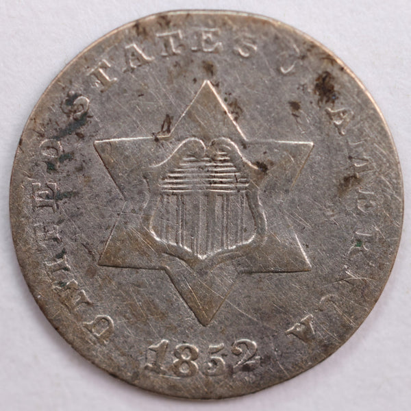 1852 Three Cent Silver, Very Good Circulated Coin, Store #3C0010