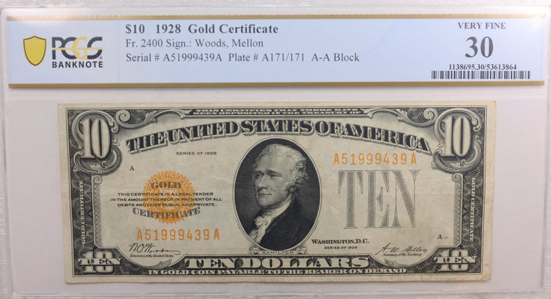 1928 $10, Gold Certificate, Fr# 2400, PCGS Graded VF-30, Store Sale #GCE007.