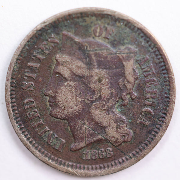 1868 Three Cent Copper Nickel, Abt Good Circulated Coin, Store #3C0009