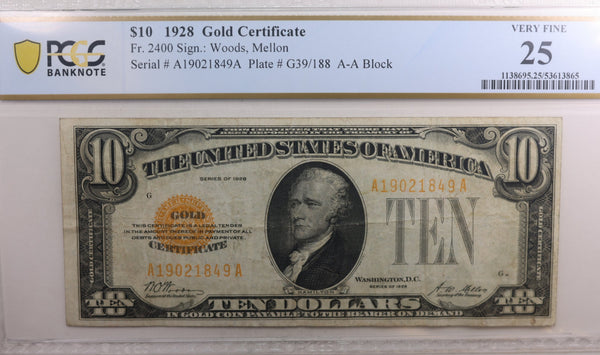 1928 $10, Gold Certificate, Fr# 2400, PCGS Graded VF-25, Store Sale #GCE008.