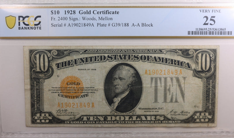 1928 $10, Gold Certificate, Fr# 2400, PCGS Graded VF-25, Store Sale #GCE008.