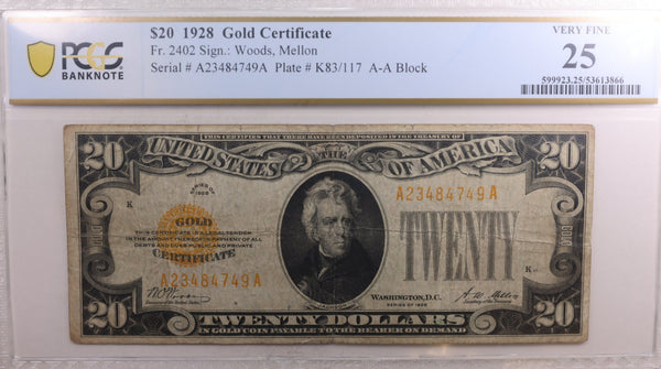 1928 $20, Gold Certificate, Fr# 2402, PCGS Graded VF-25, Store Sale #GCE009.