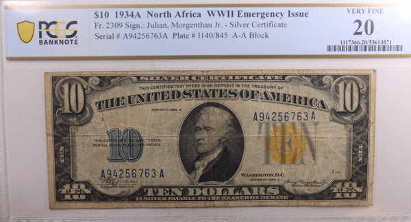 1934A $10, Silver Certificate., "North Africa"., PCGS VF-20, Store #SSC005.