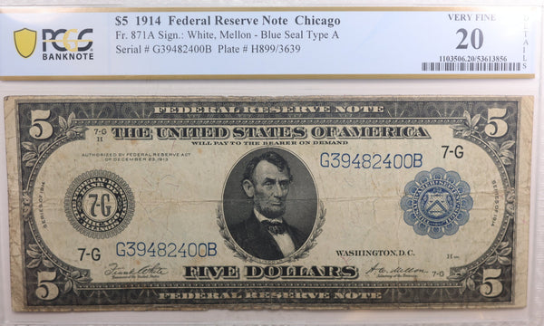 1914 $5 Federal Reserve Bank Note, Chicago, IL. PCGS VF-20 Detail. Store #FRB105.