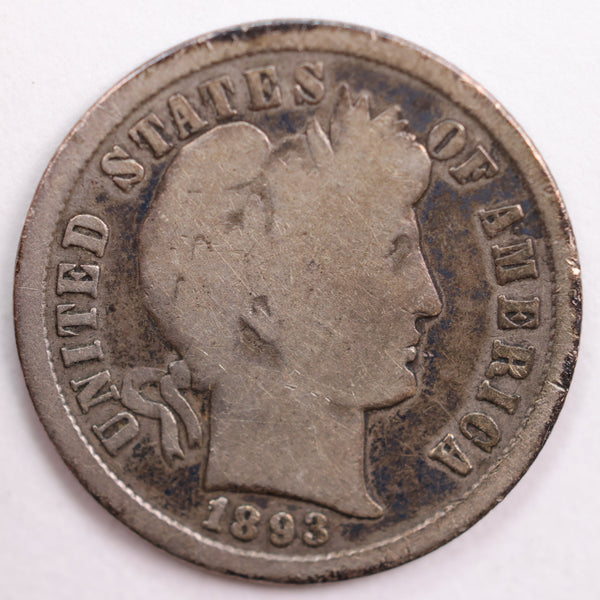1893-S Barber Silver Dime, Very Good Circulated Coin, Store #DE0516