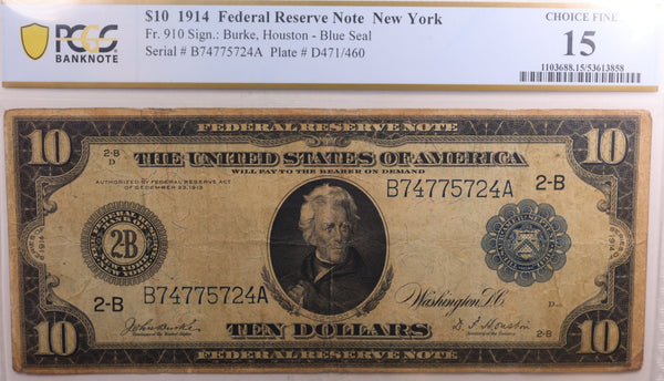 1914 $10 Federal Reserve Bank Note, New York, N.Y. PCGS Choice F-15. Store #FRB107.