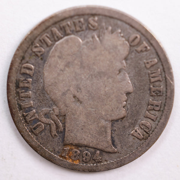 1894 Barber Silver Dime, Very Good Circulated Coin, Store #DE0514