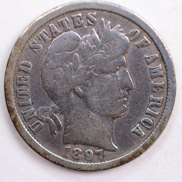 1897-O Barber Silver Dime, Very Good+ Circulated Coin, Store #DE0506