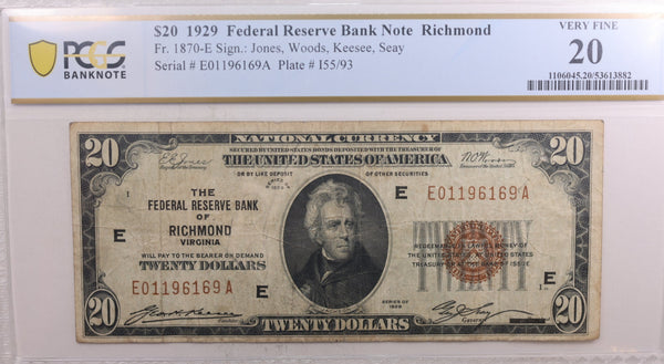 1929 $20, Federal Reserve Note, Richmond, Fr #1870-E, PCGS VF-20. Store #FRB111.