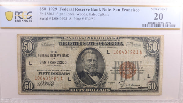 1929 $50, Federal Reserve Note, San Francisco, Fr#1880L, PCGS VF-20. Store #FRB113.