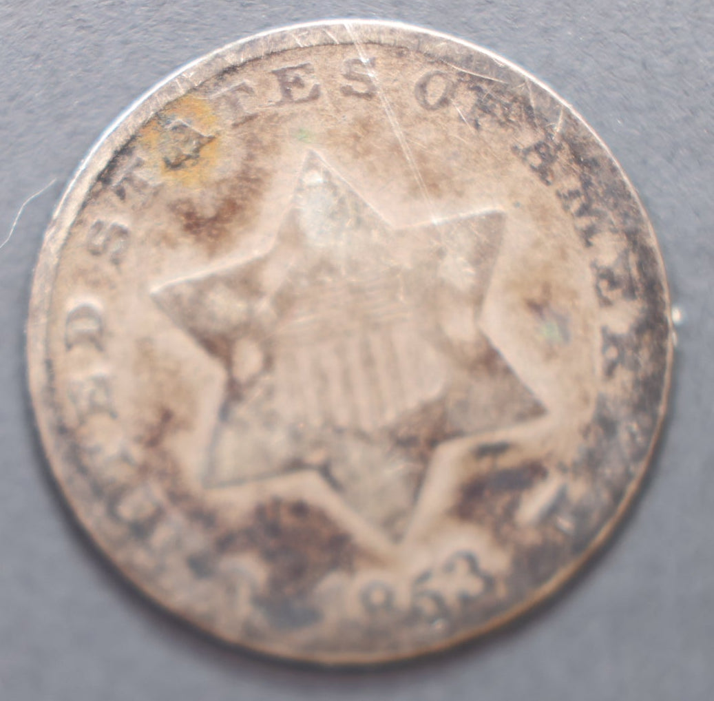 1853 3 Cent Silver., Very Good Circulated Coin. Store #3CS001.