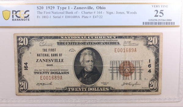 1929 $20 National Bank Note, Zanesville, Ohio. CH# 164, PCGS VF-25. Store #NBN007.