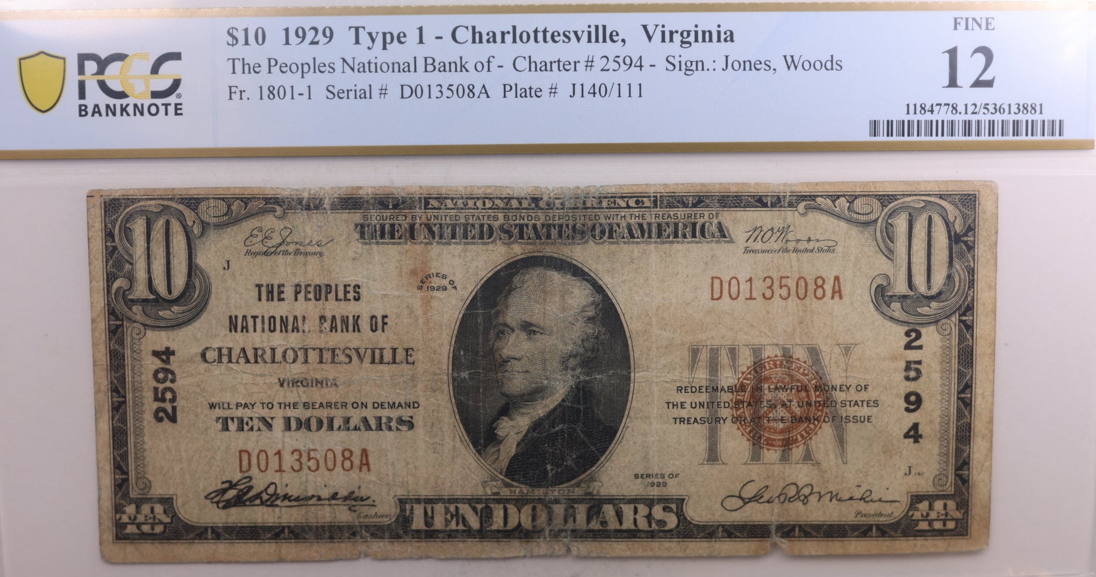 1929 $10 National Bank Note, Charlottesville, VA, CH #2594, PCGSF-12. Store #NBN008.