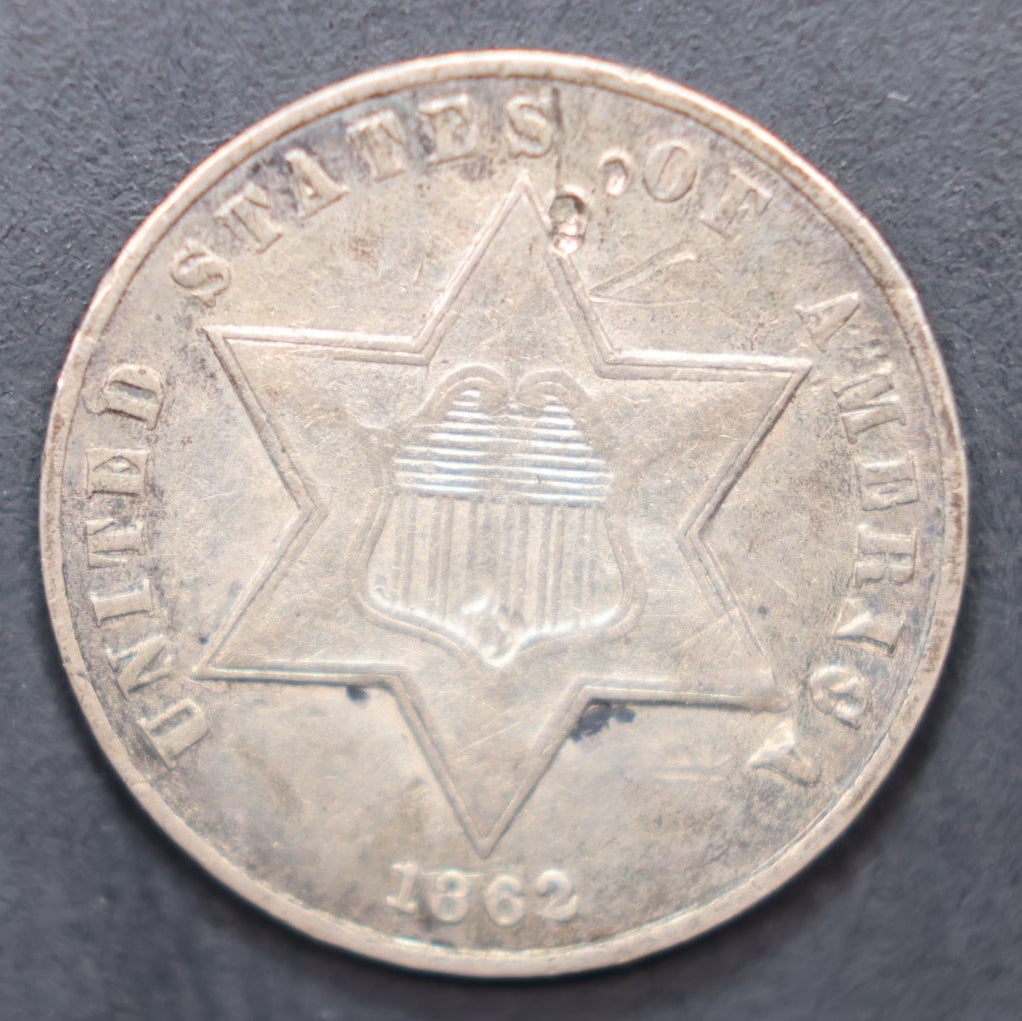 1862 3 Cent Silver., About Uncirculated Detailed Coin. Store #3CS006.