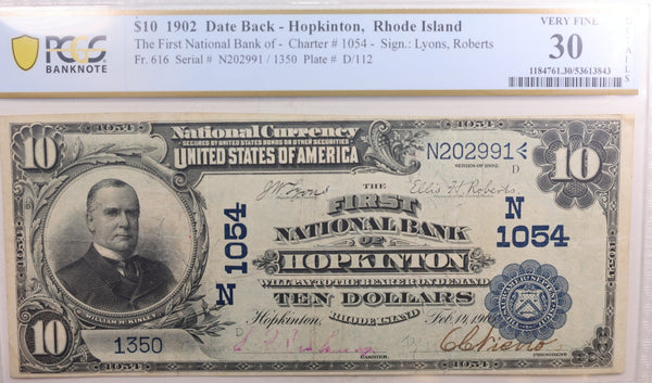 1902 $10, National Currency, Hopkinton, R.I., Ch #1054, PCGS VF-30. Store #NBN012.