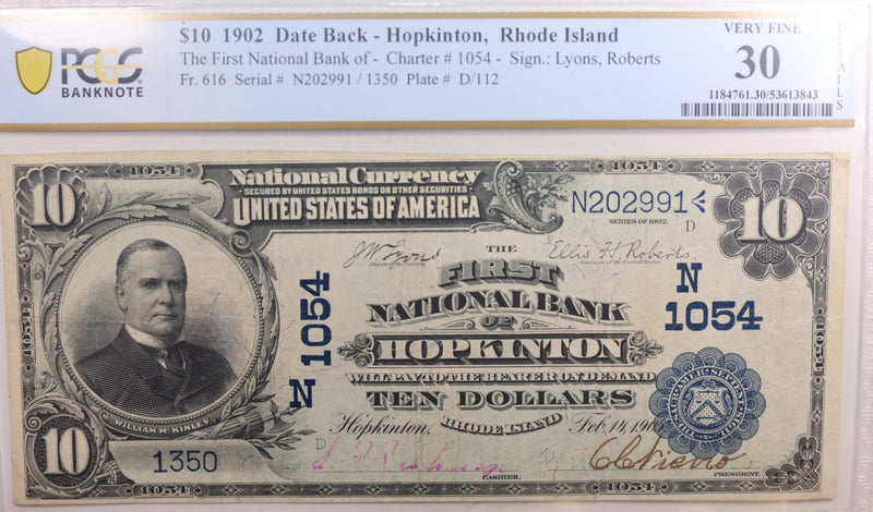 1902 $10, National Currency, Hopkinton, R.I., Ch #1054, PCGS VF-30. Store #NBN012.