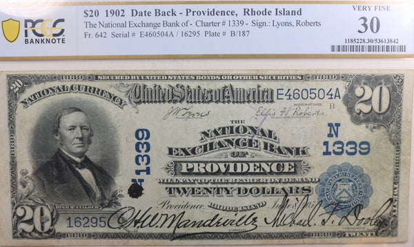 1902 $20, National Currency, Providence, R.I., Ch #1339, PCGS VF-30. Store #NBN013.