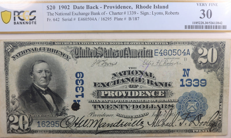 1902 $20, National Currency, Providence, R.I., Ch #1339, PCGS VF-30. Store #NBN013.