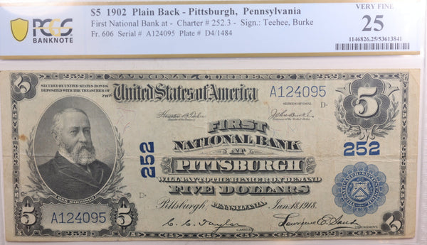 1902 $5, National Currency, Pittsburgh, PA, Ch #252, PCGS VF-25. Store #NBN014.