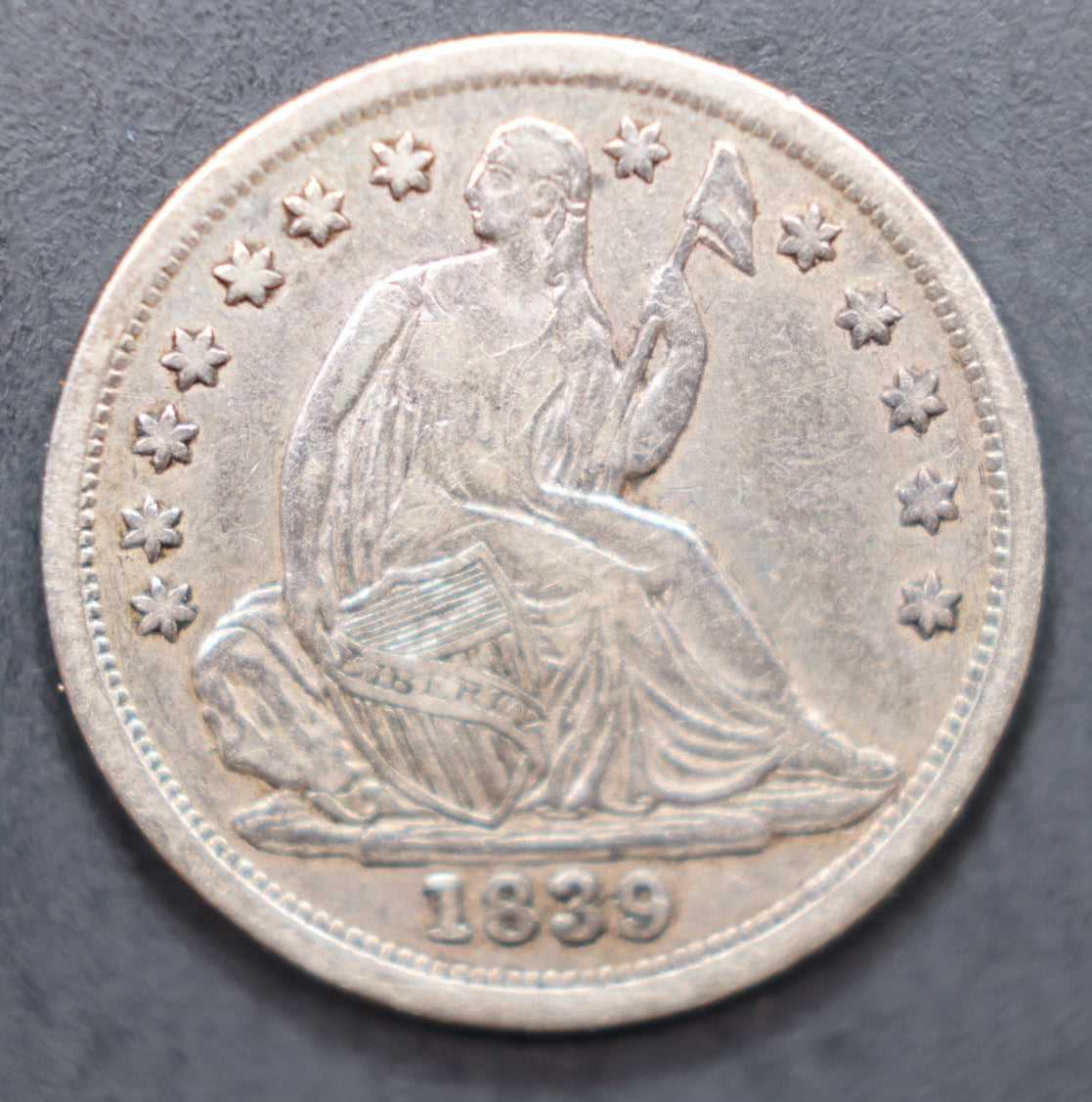 1839 Seated Liberty Half Dime, 'No Drape', Extra Fine +, Store #HE076.