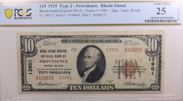 1929 $10, National Currency, Providence, R.I, Ch #13901, PCGS VF-25. Store #NBN015.