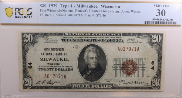 1929 $20, National Currency, Milwaukee, WI, Ch #64, PCGS VF-30. Store #NBN016.