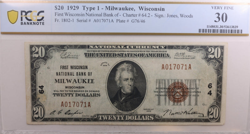 1929 $20, National Currency, Milwaukee, WI, Ch #64, PCGS VF-30. Store #NBN016.