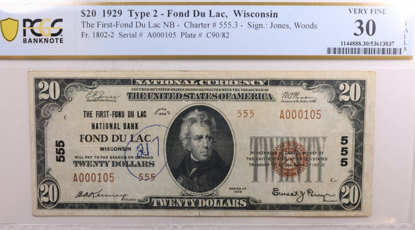 1929 $20, National Currency, Fond Du Lac, WI, PCGS VF-30, Detail. Store #NBN018.