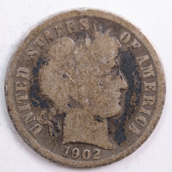 1902 Barber Silver Dime, Good Circulated Coin, Store #DE0488