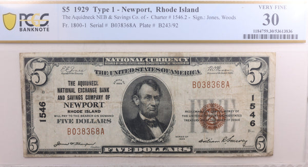 1929 $5, National Currency, New Port, Rhode Island, Ch# 1546, PCGS VF-30, Store #NBN019.